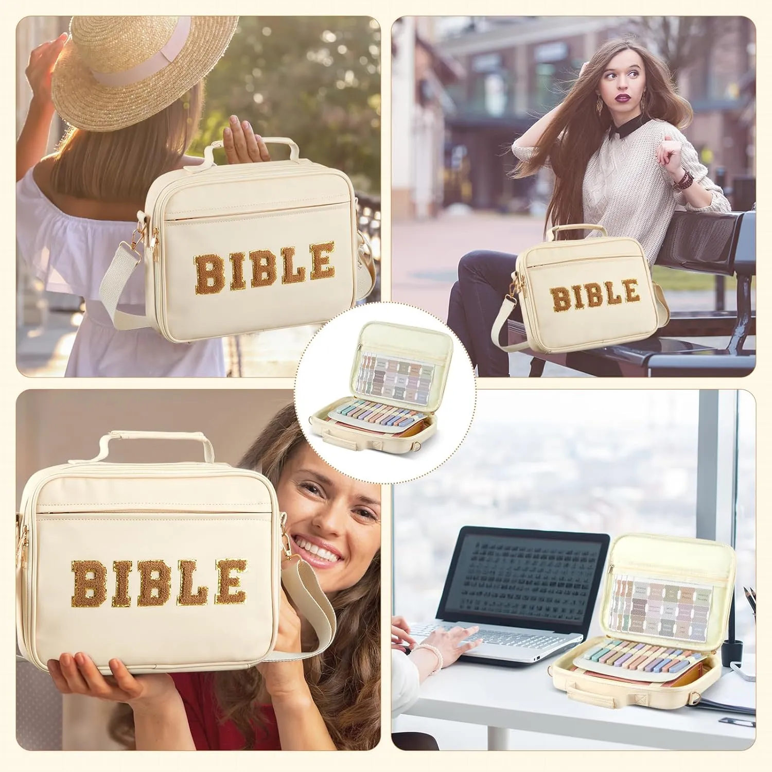 Bible Cover Case for Women,Christian Gifts for Church,VBS,Large PU Leather Chenille Letter Bible Bag with Shoulder Strap,Tabs,6 Colored Gel Pen 12 Highlighters,12 x 9 x 2.5(Beige)