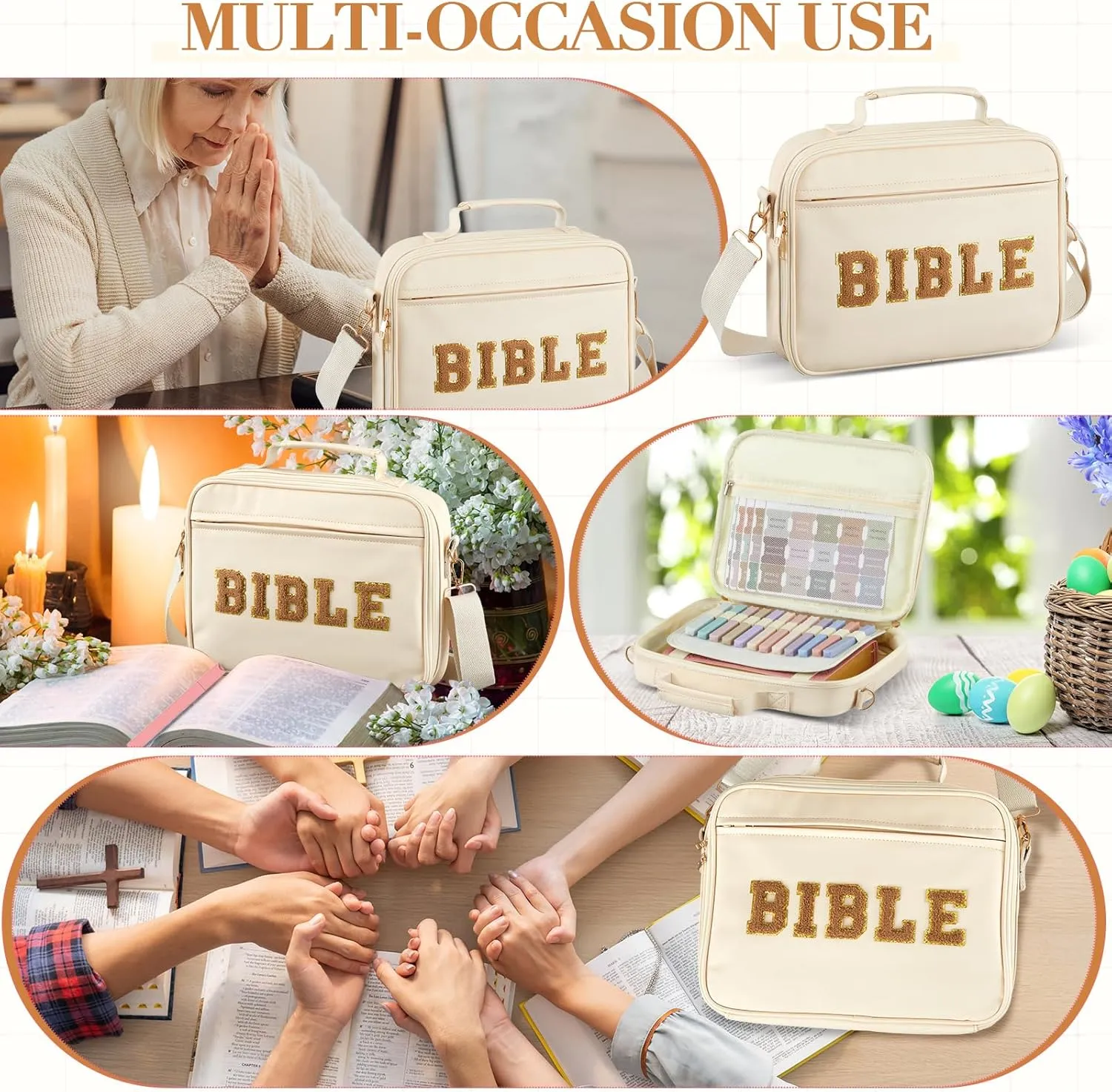 Bible Cover Case for Women,Christian Gifts for Church,VBS,Large PU Leather Chenille Letter Bible Bag with Shoulder Strap,Tabs,6 Colored Gel Pen 12 Highlighters,12 x 9 x 2.5(Beige)