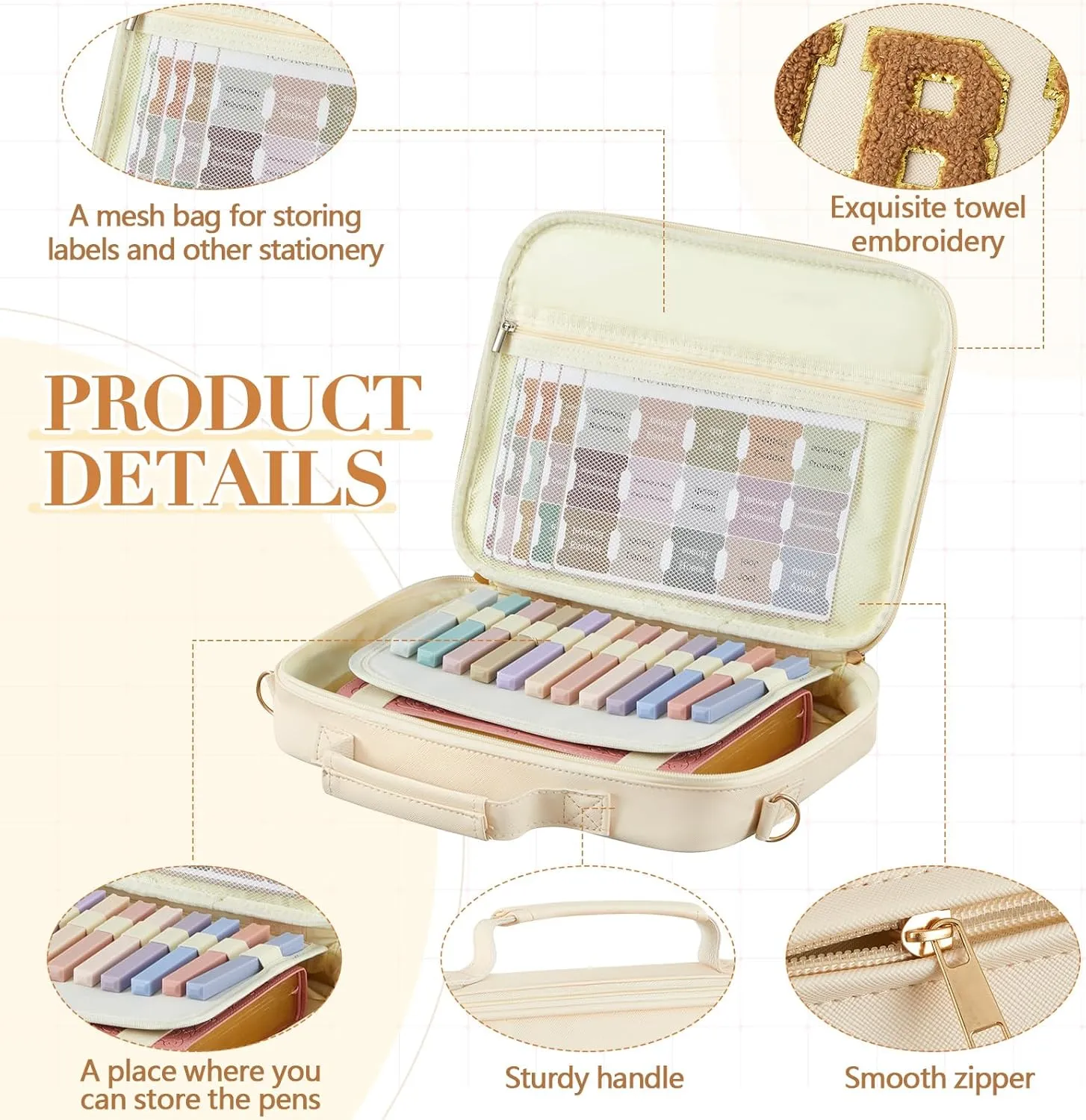 Bible Cover Case for Women,Christian Gifts for Church,VBS,Large PU Leather Chenille Letter Bible Bag with Shoulder Strap,Tabs,6 Colored Gel Pen 12 Highlighters,12 x 9 x 2.5(Beige)