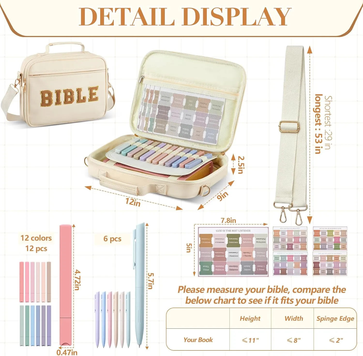 Bible Cover Case for Women,Christian Gifts for Church,VBS,Large PU Leather Chenille Letter Bible Bag with Shoulder Strap,Tabs,6 Colored Gel Pen 12 Highlighters,12 x 9 x 2.5(Beige)