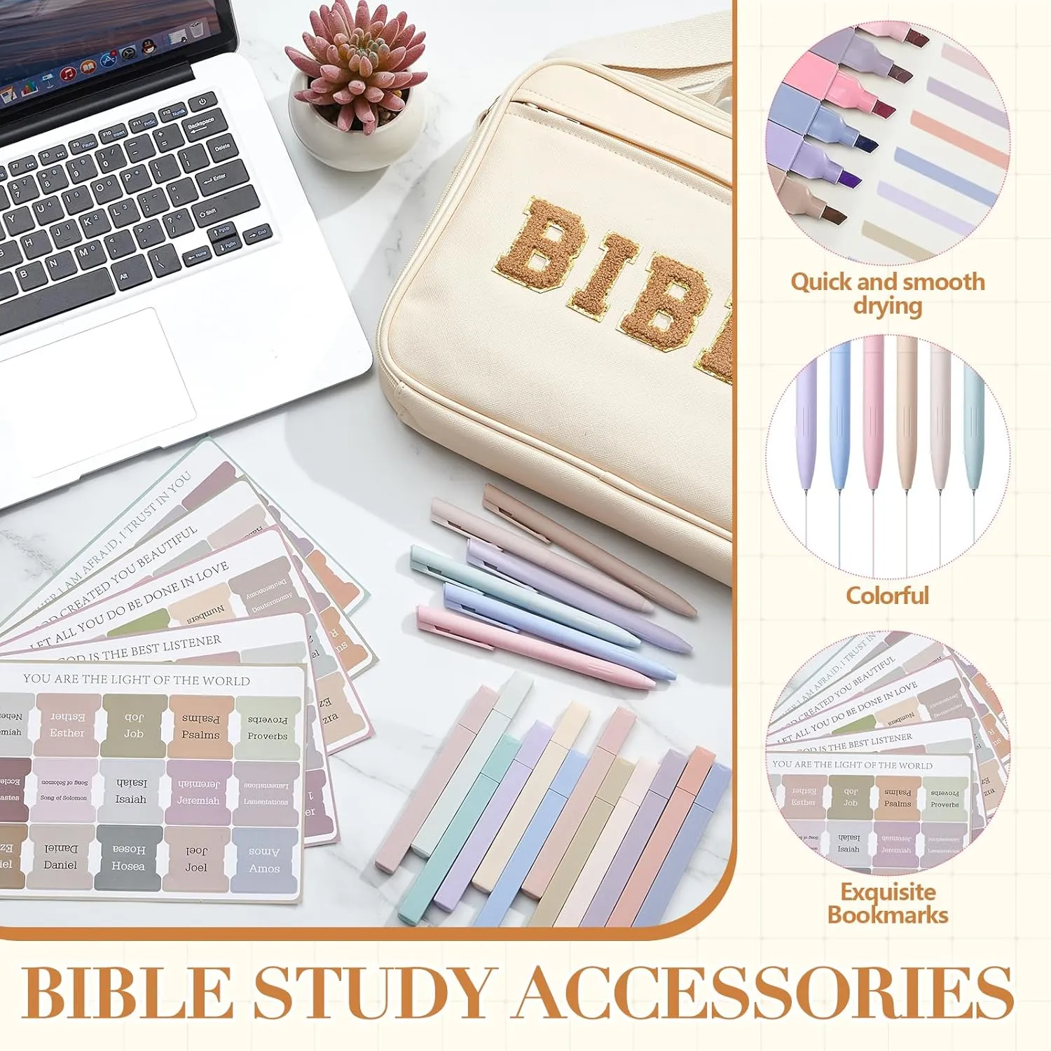 Bible Cover Case for Women,Christian Gifts for Church,VBS,Large PU Leather Chenille Letter Bible Bag with Shoulder Strap,Tabs,6 Colored Gel Pen 12 Highlighters,12 x 9 x 2.5(Beige)