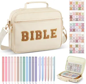Bible Cover Case for Women,Christian Gifts for Church,VBS,Large PU Leather Chenille Letter Bible Bag with Shoulder Strap,Tabs,6 Colored Gel Pen 12 Highlighters,12 x 9 x 2.5(Beige)