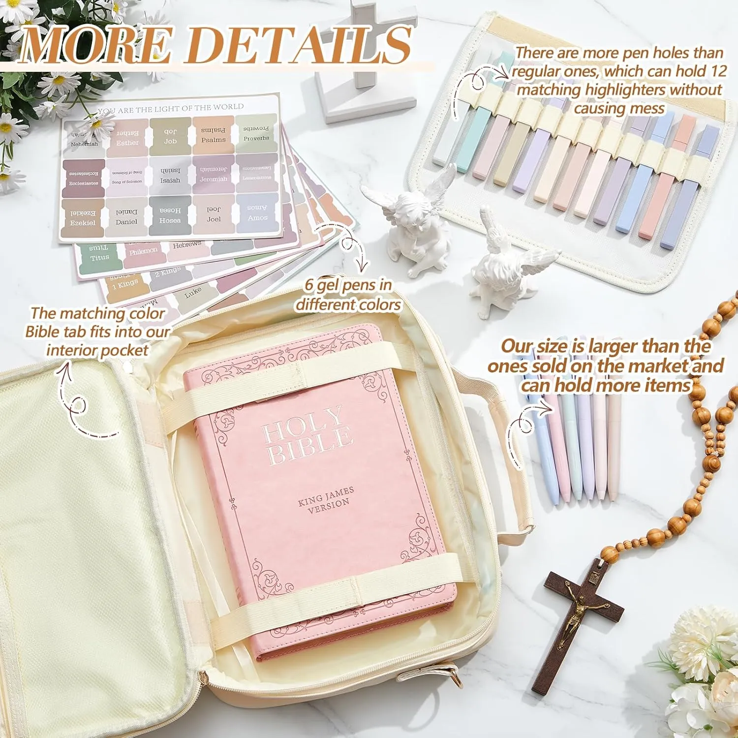 Bible Cover Case for Women,Christian Gifts for Church,VBS,Large PU Leather Chenille Letter Bible Bag with Shoulder Strap,Tabs,6 Colored Gel Pen 12 Highlighters,12 x 9 x 2.5(Beige)