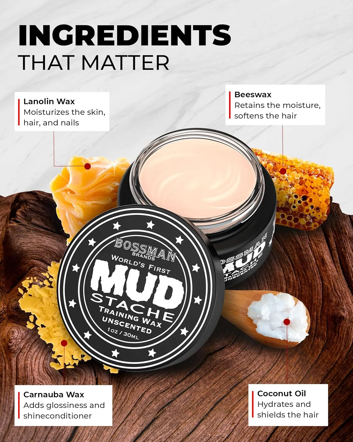 Bossman MUDstache Unscented Mustache Wax for Men & Acetate Folding Comb - Styling and Grooming Combo