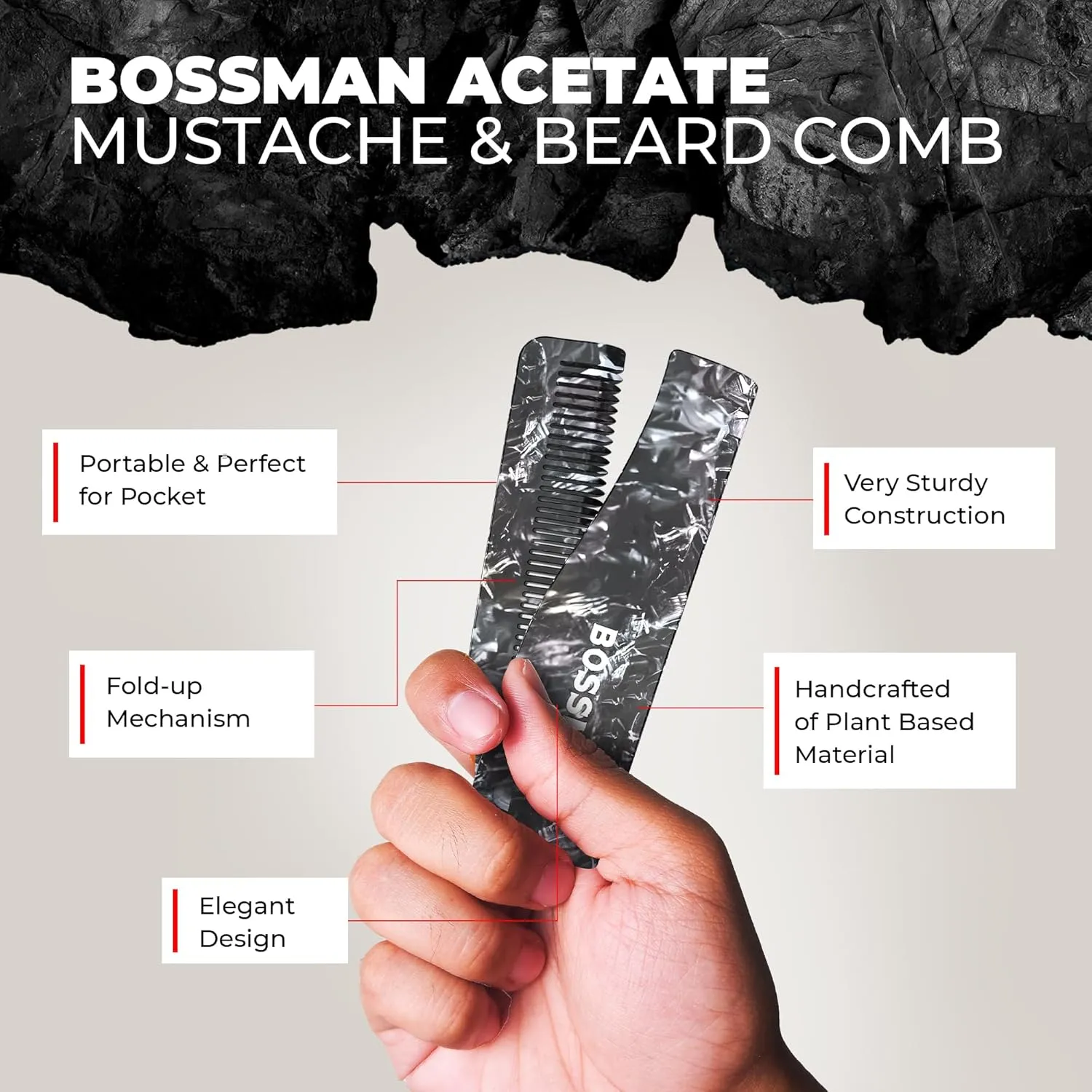 Bossman MUDstache Unscented Mustache Wax for Men & Acetate Folding Comb - Styling and Grooming Combo
