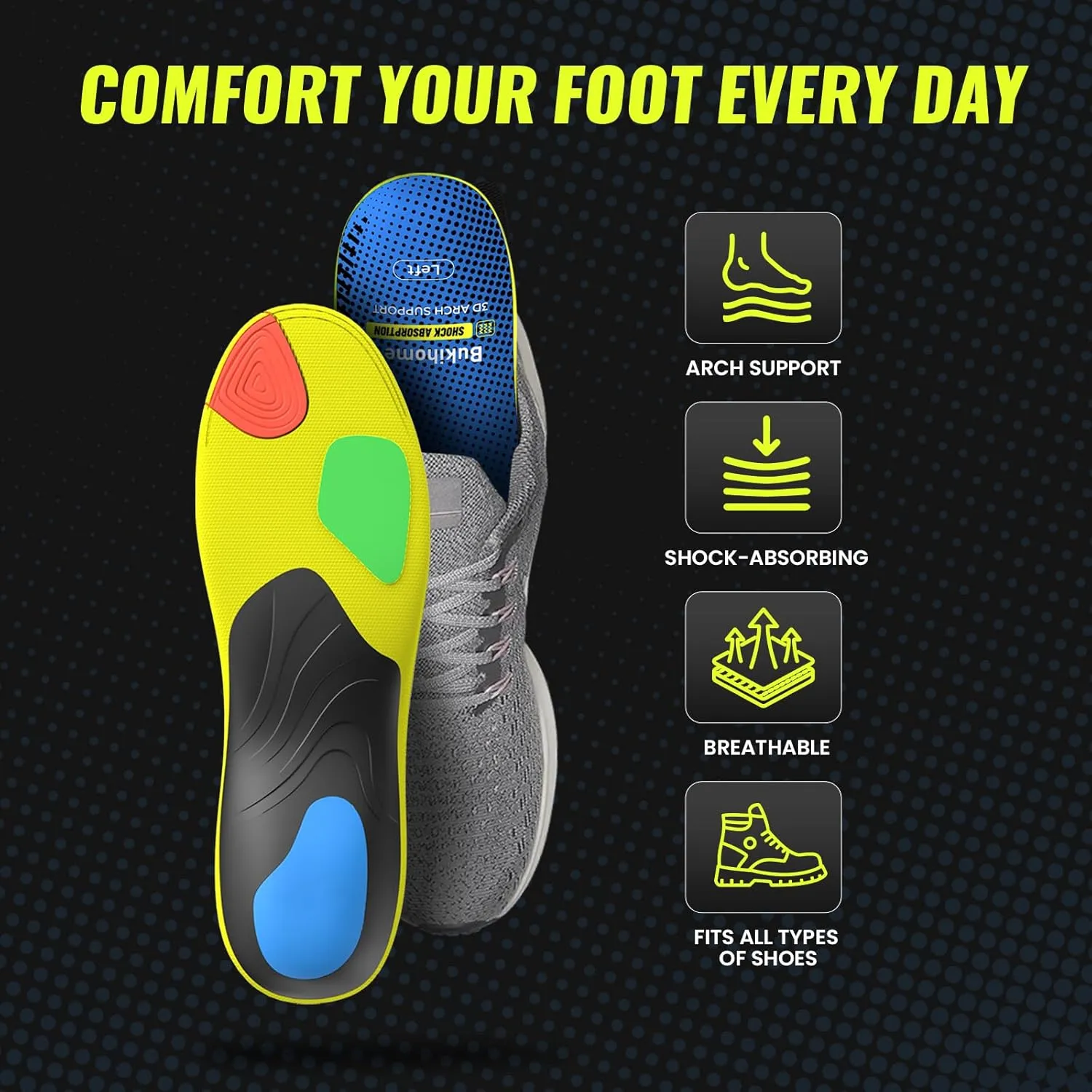 Bukihome Sport Insoles for Men Women - Arch Support Orthotics Inserts - Shock Absorption and Cushioning for Running Walking - Comfortable Insole for Standing All Day - FSA/HSA Eligible (Blue, M)
