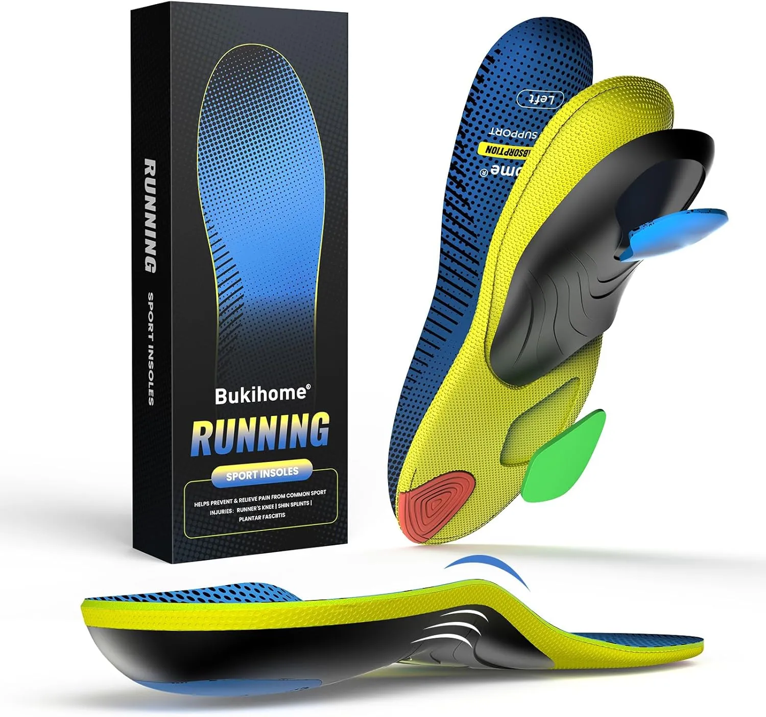 Bukihome Sport Insoles for Men Women - Arch Support Orthotics Inserts - Shock Absorption and Cushioning for Running Walking - Comfortable Insole for Standing All Day - FSA/HSA Eligible (Blue, M)