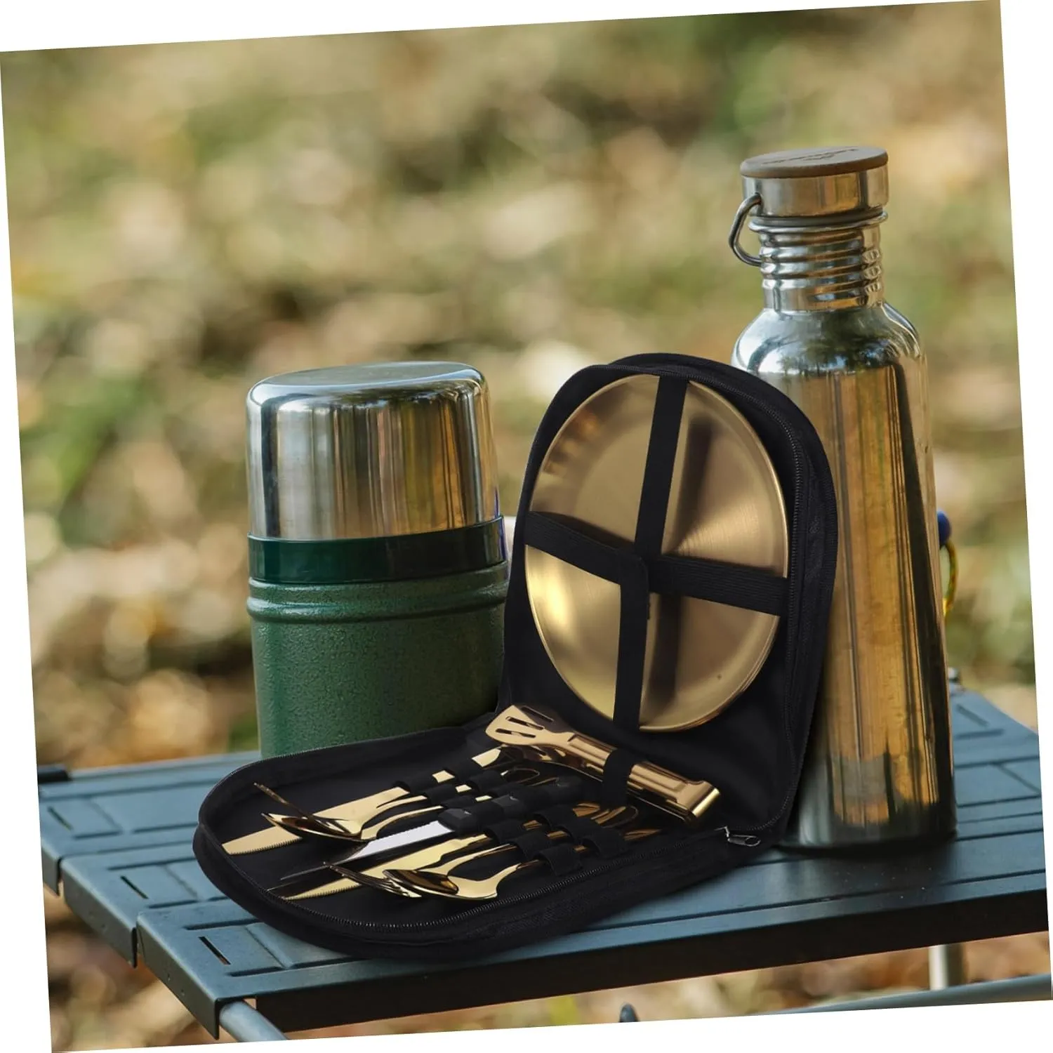 Cabilock 1 Set Stainless Steel Camp Tableware with Elegant Finish Cutlery for Outdoor Dining Includes Storage Bag for Camping Picnics and Bbqs