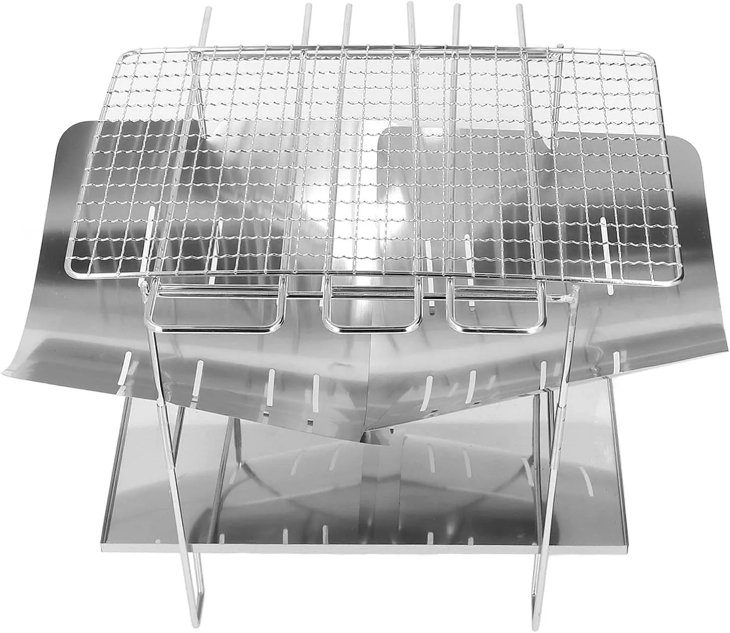 Camping BBQ Grill Stainless Steel Folding Curved Slot Design Dust Catcher Over Fire Outdoor Barbecue Grill for Picnics