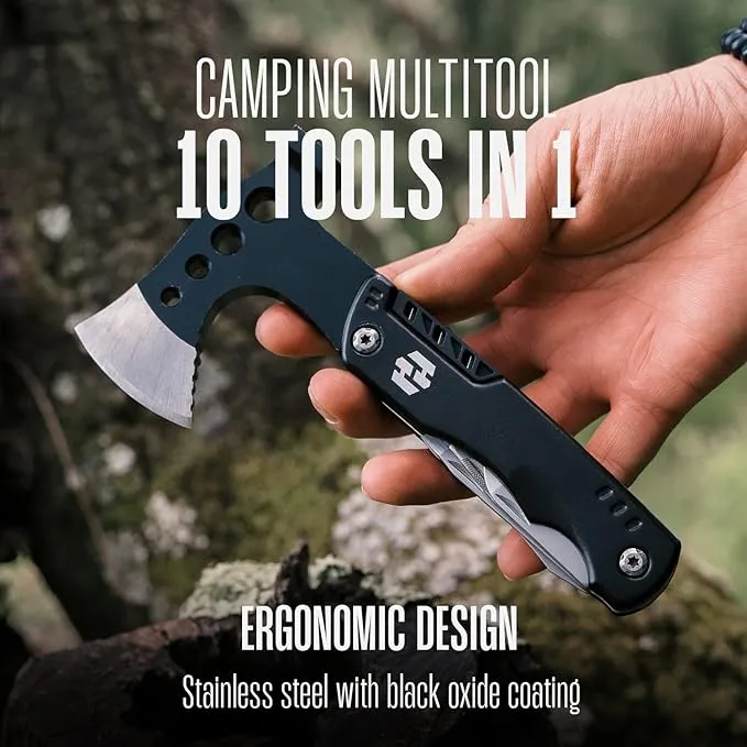 Camping Multitool - Camping Axe - 10 In 1 Stainless Steel Pocket Hatchet Multi tool With Durable Sheath For Outdoor, Survival Gear - Safety Locking Camping Accessories With Wrench by Hayvenhurst