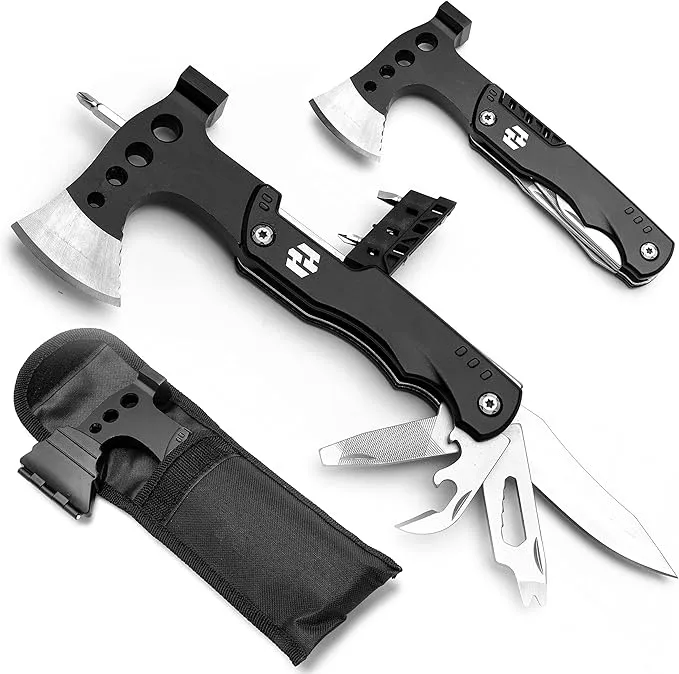 Camping Multitool - Camping Axe - 10 In 1 Stainless Steel Pocket Hatchet Multi tool With Durable Sheath For Outdoor, Survival Gear - Safety Locking Camping Accessories With Wrench by Hayvenhurst