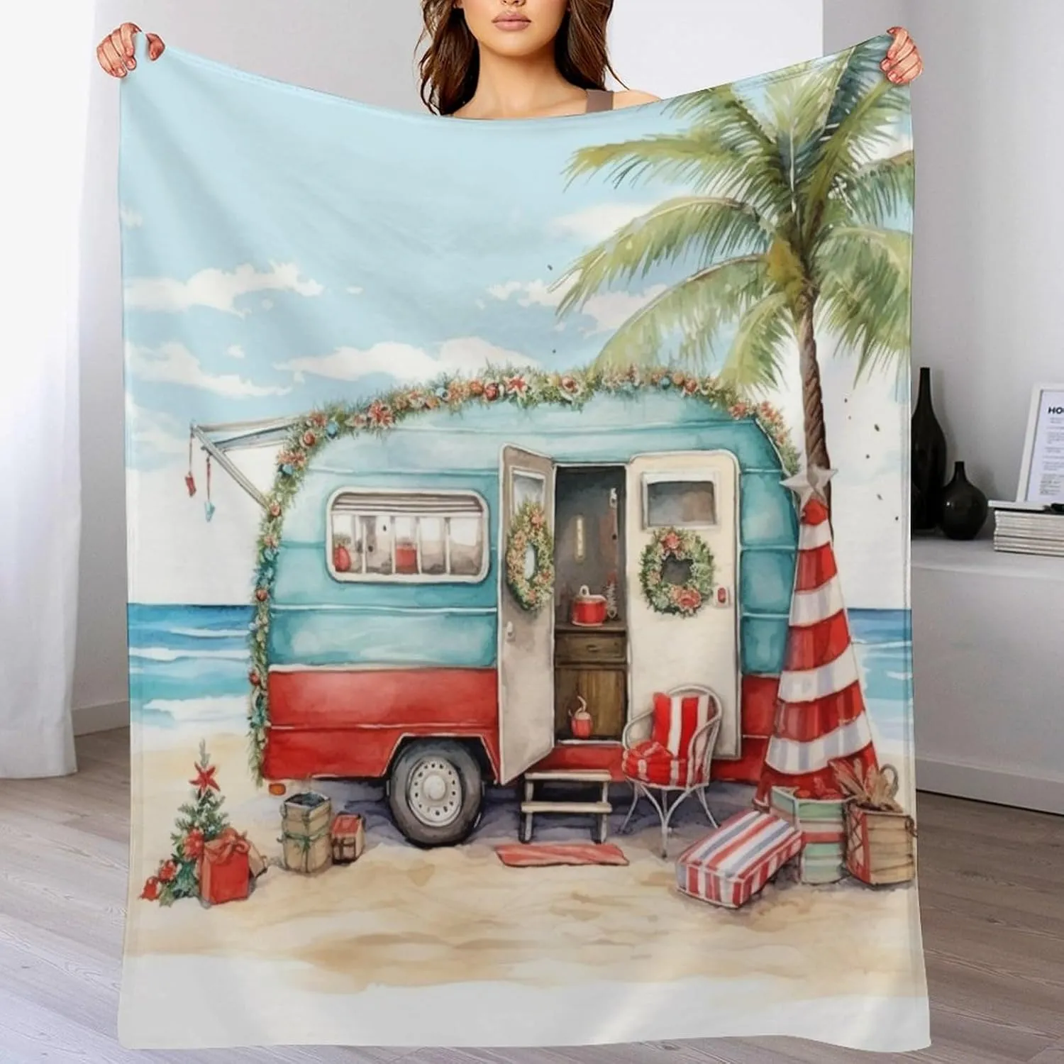 Camping Trailer Beach Holiday Christmas Print Blanket Rustic Funny Cute Cartoon Drawing Travel Trailer Camper Throw Blankets for Bed 40"x50" Soft Cozy Microfiber Throw Blanket for Bed Couch Car