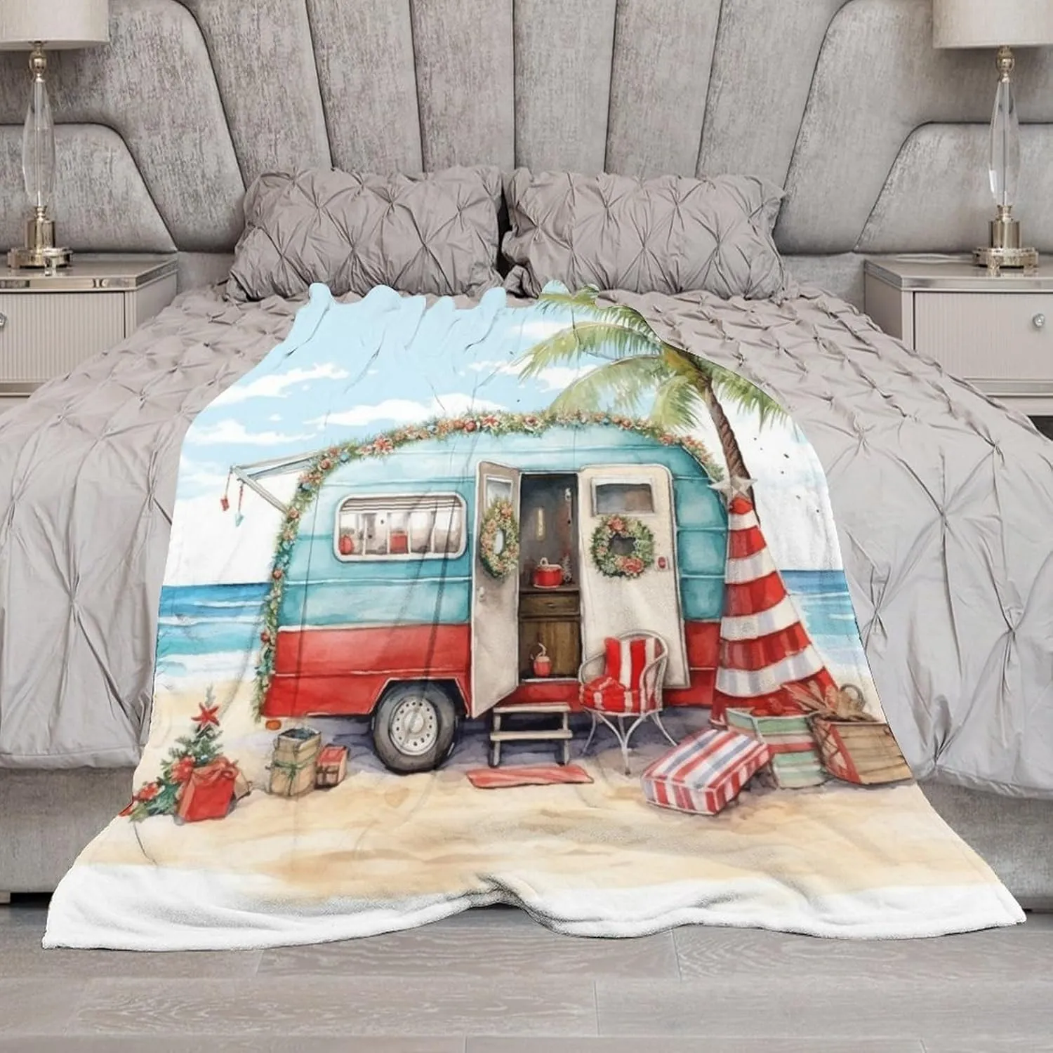 Camping Trailer Beach Holiday Christmas Print Blanket Rustic Funny Cute Cartoon Drawing Travel Trailer Camper Throw Blankets for Bed 40"x50" Soft Cozy Microfiber Throw Blanket for Bed Couch Car