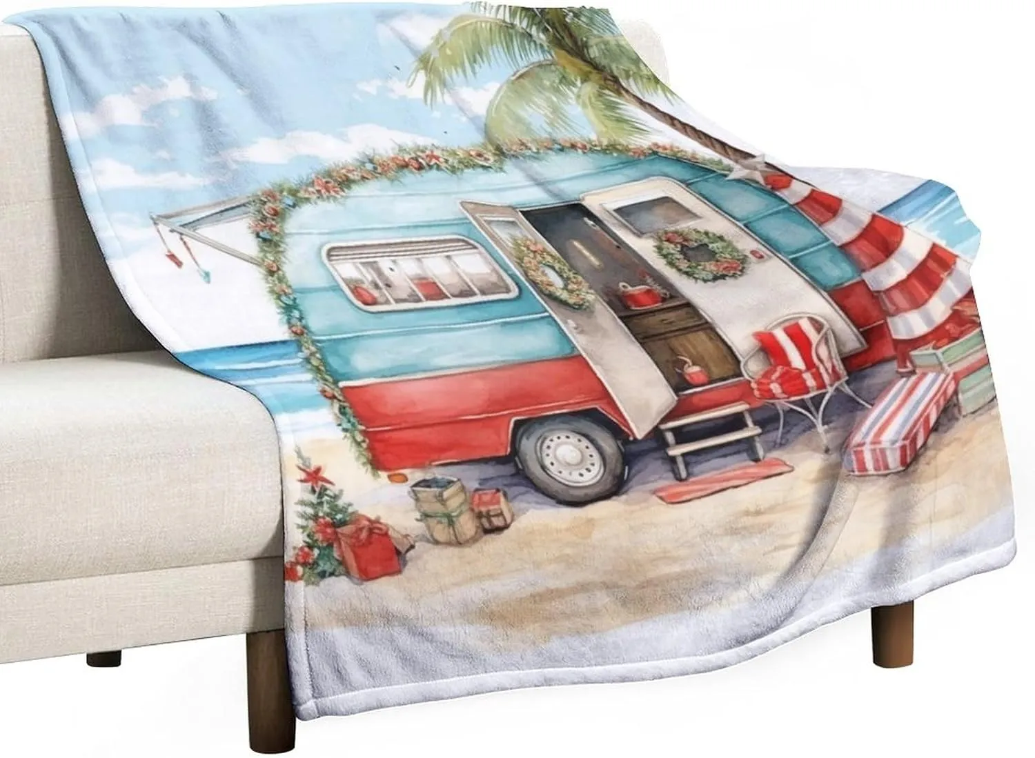 Camping Trailer Beach Holiday Christmas Print Blanket Rustic Funny Cute Cartoon Drawing Travel Trailer Camper Throw Blankets for Bed 40"x50" Soft Cozy Microfiber Throw Blanket for Bed Couch Car
