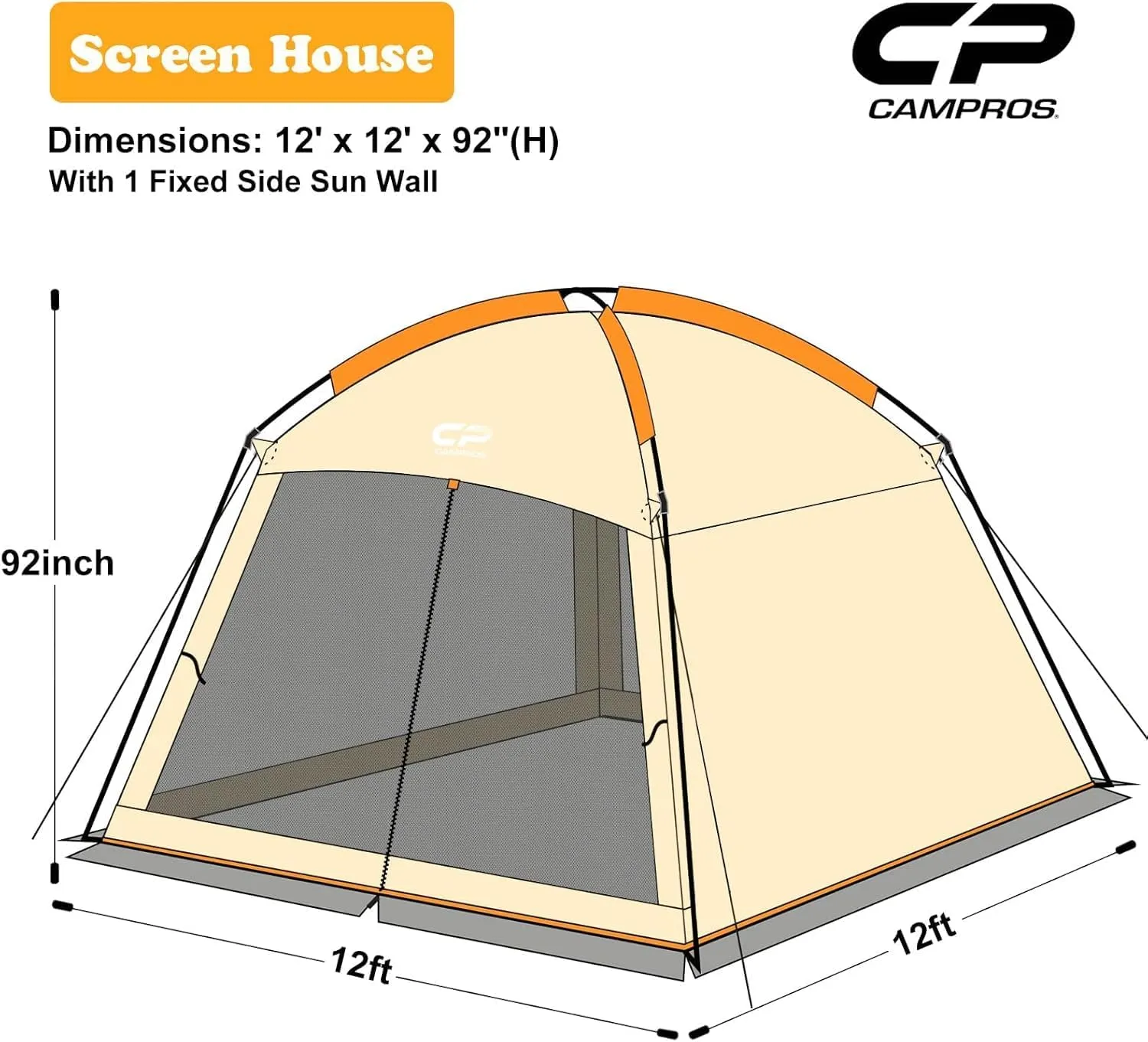CAMPROS CP Screen House Room with 1 Side Wind/Sun Panel Canopy Tent Camping Tent Screen Shelter Gazebos for Patios Outdoor Camping Activities, 12'X12'X92in(H) - Beige