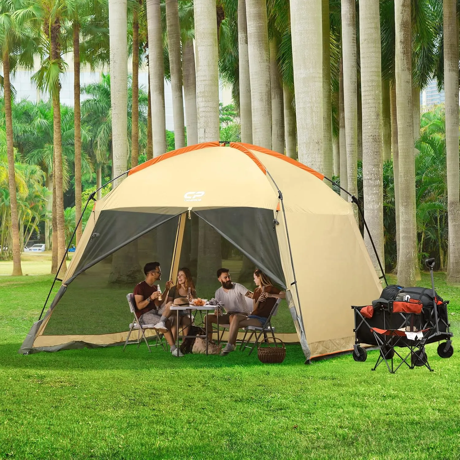 CAMPROS CP Screen House Room with 1 Side Wind/Sun Panel Canopy Tent Camping Tent Screen Shelter Gazebos for Patios Outdoor Camping Activities, 12'X12'X92in(H) - Beige
