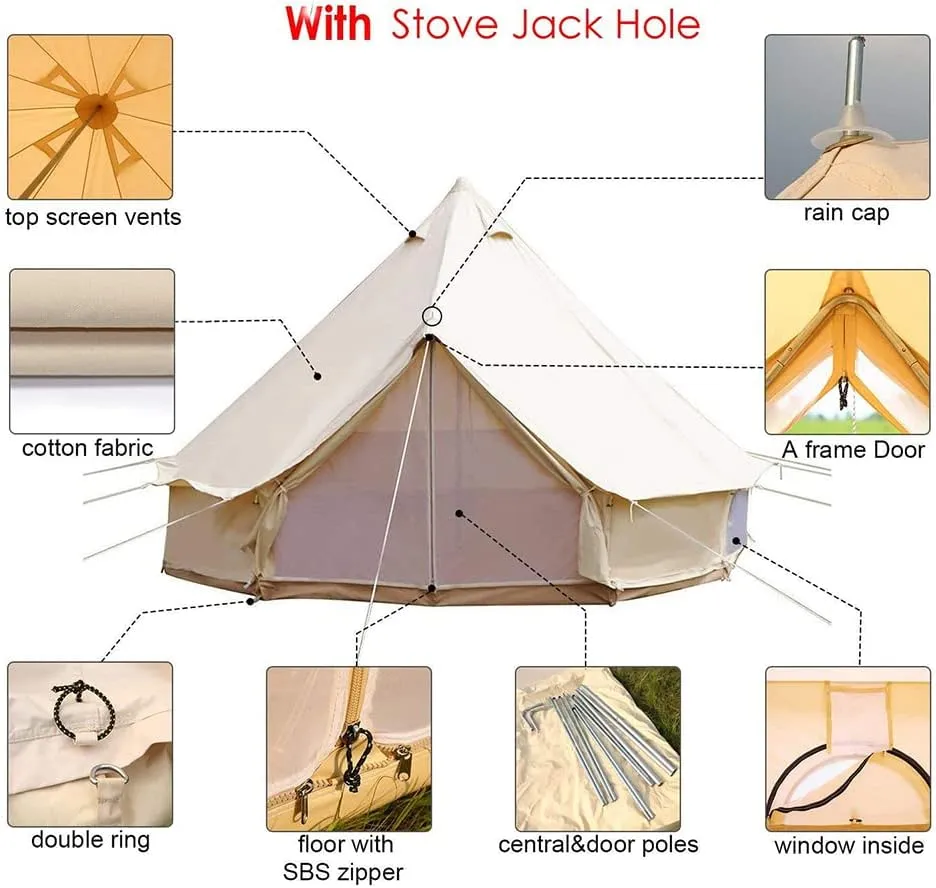Canvas Bell Tent, Yurt Tent with Stove Jack, Waterproof and Breathable Large Family Tent, Glamping Tent, Detachable Groundsheet for Camping Party, 450x450x280cm