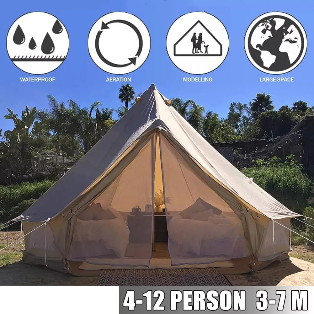Canvas Bell Tent, Yurt Tent with Stove Jack, Waterproof and Breathable Large Family Tent, Glamping Tent, Detachable Groundsheet for Camping Party, 450x450x280cm