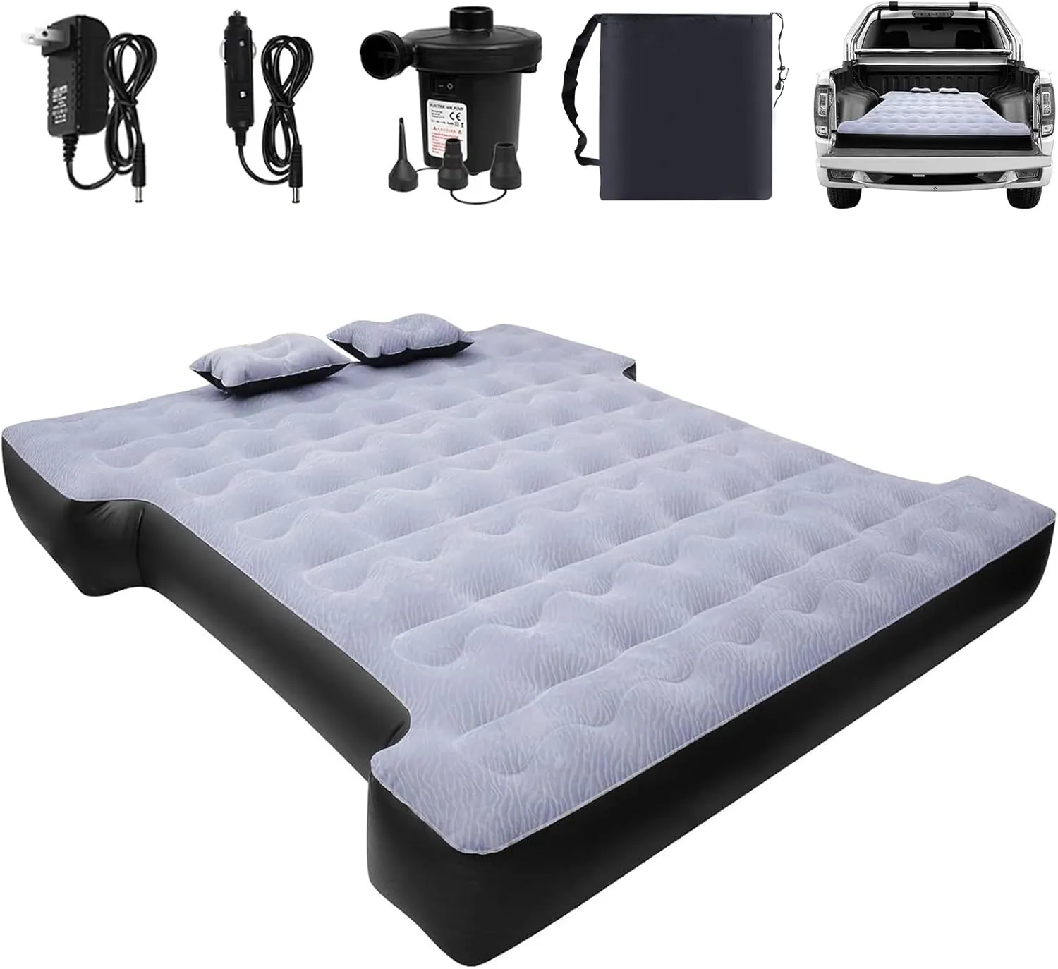 Car Air Mattress, Camping Pickup Truck Air Mattress, 5.5-5.8FT Pickup Truck with Electric Pump and Two Pillows - Flocking and PVC, Sleeper Bed for Home, Outdoor and Travel