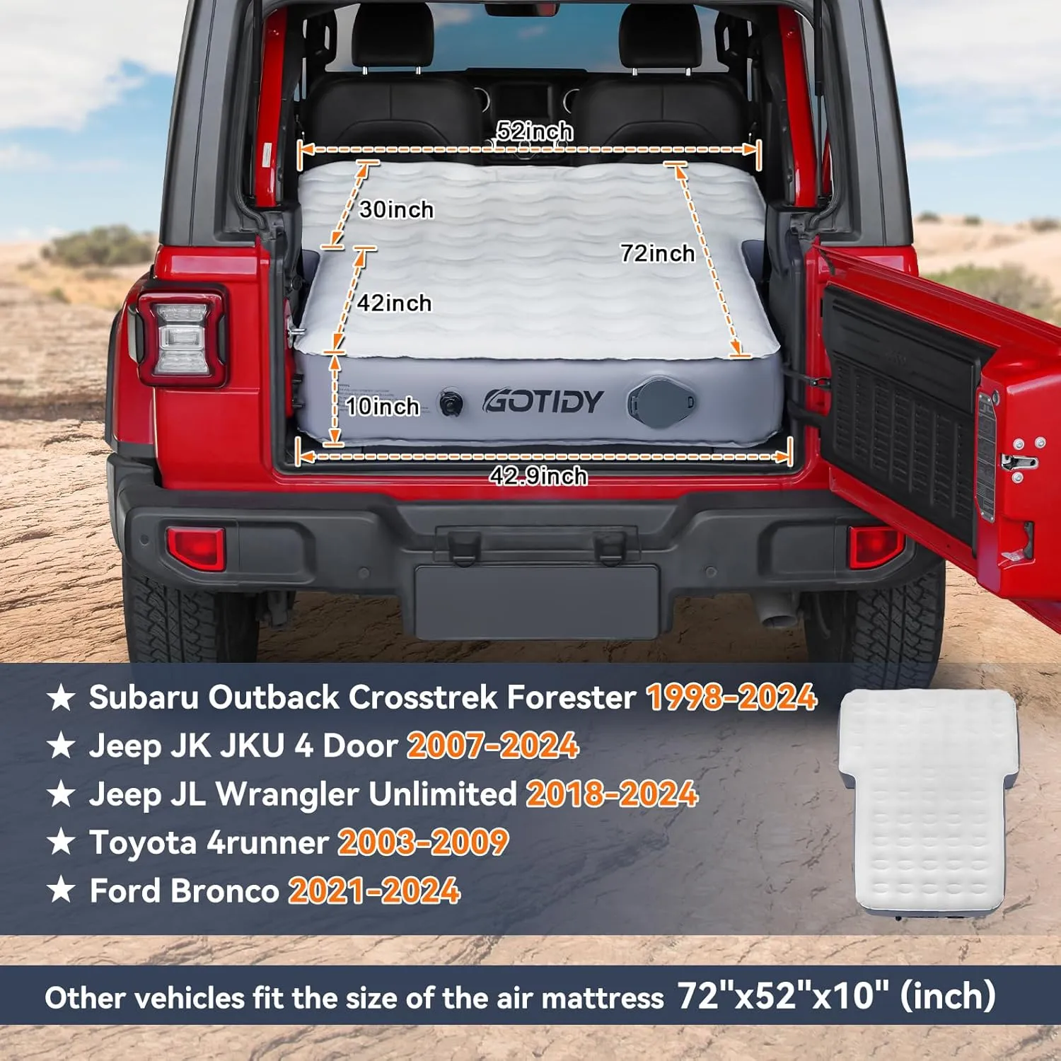 Car Air Mattress with Bed Sheet, Car Air Mattress Back Seat SUV with Built in Pump, SUV Air Mattress Car Bed Camping for Jeep JK JL JKU JLU Unlimited 4 Door, 10inch Ultra Thick