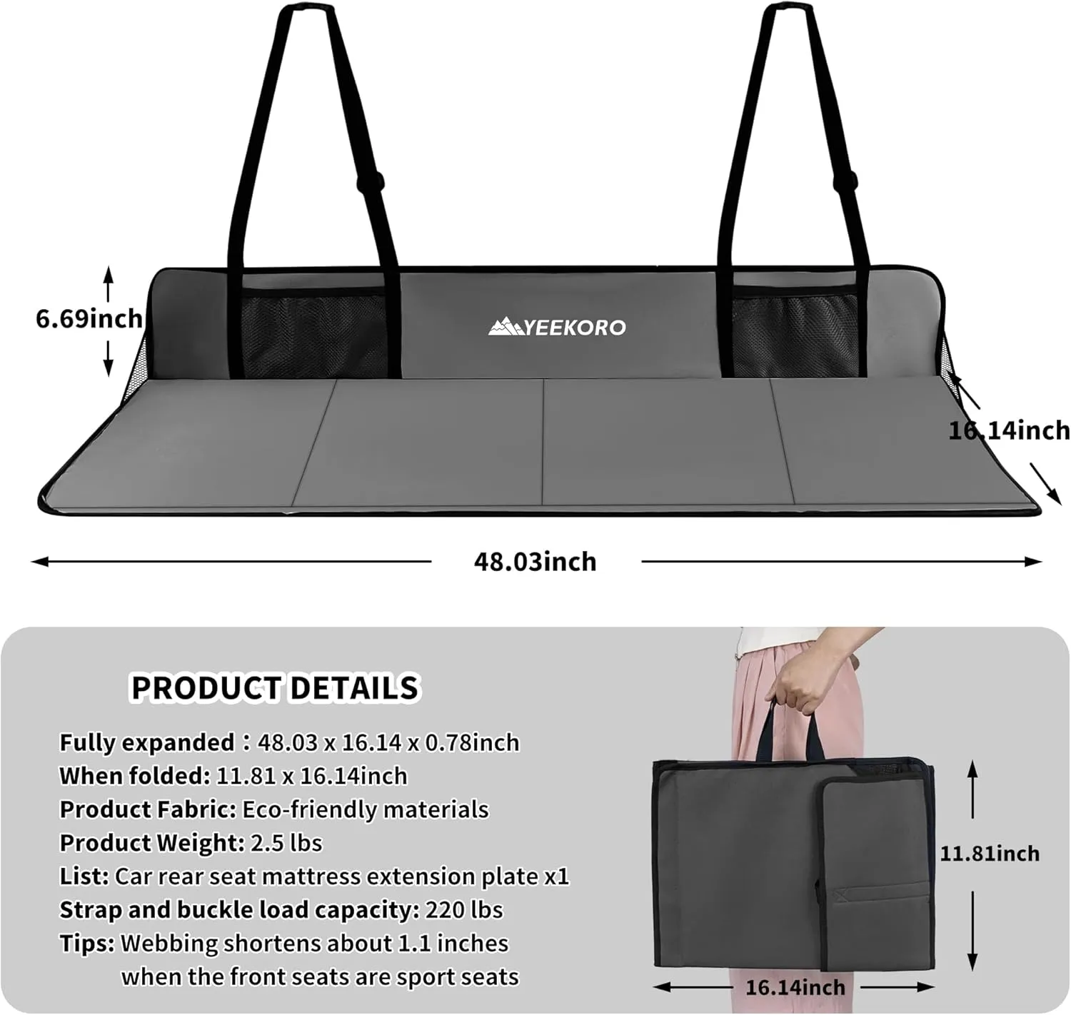 Car Rear Seat Mattress Extension Plate, Foldable Car Back Seat Extender，Portable Mattress for Sleeping, Increase Travel Trunk Space and Car Bed Camping Space for Car, SUV, Model Y/3