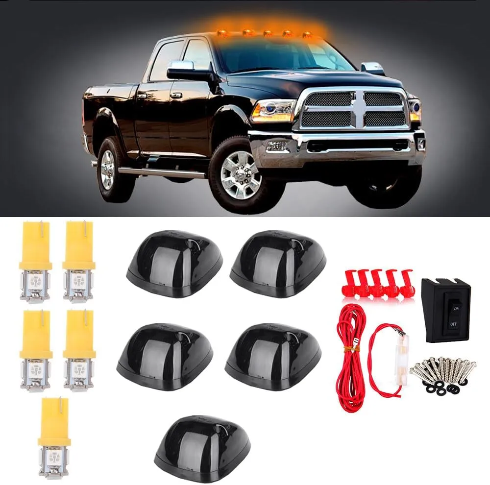 cciyu 5x Smoke Cab Roof Running Lights Assembly T10 5-5050-SMD Yellow LED Bulbs Wire Pack Marker Lights Cab Marker Light For Dodge Ram 2500 1994-1998 For Dodge Ram 3500 1994-1998 Roof Clearance