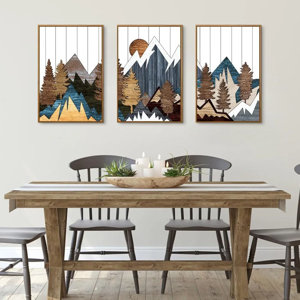 CHDITB Framed Canvas Mountain Wall Art Set, Country Woodcut Style Wall Decor, Forest Nature Wilderness Wall Painting, Modern Art Prints for Living Room, Bedroom, Farmhouse - Large Size 16"x24"x3
