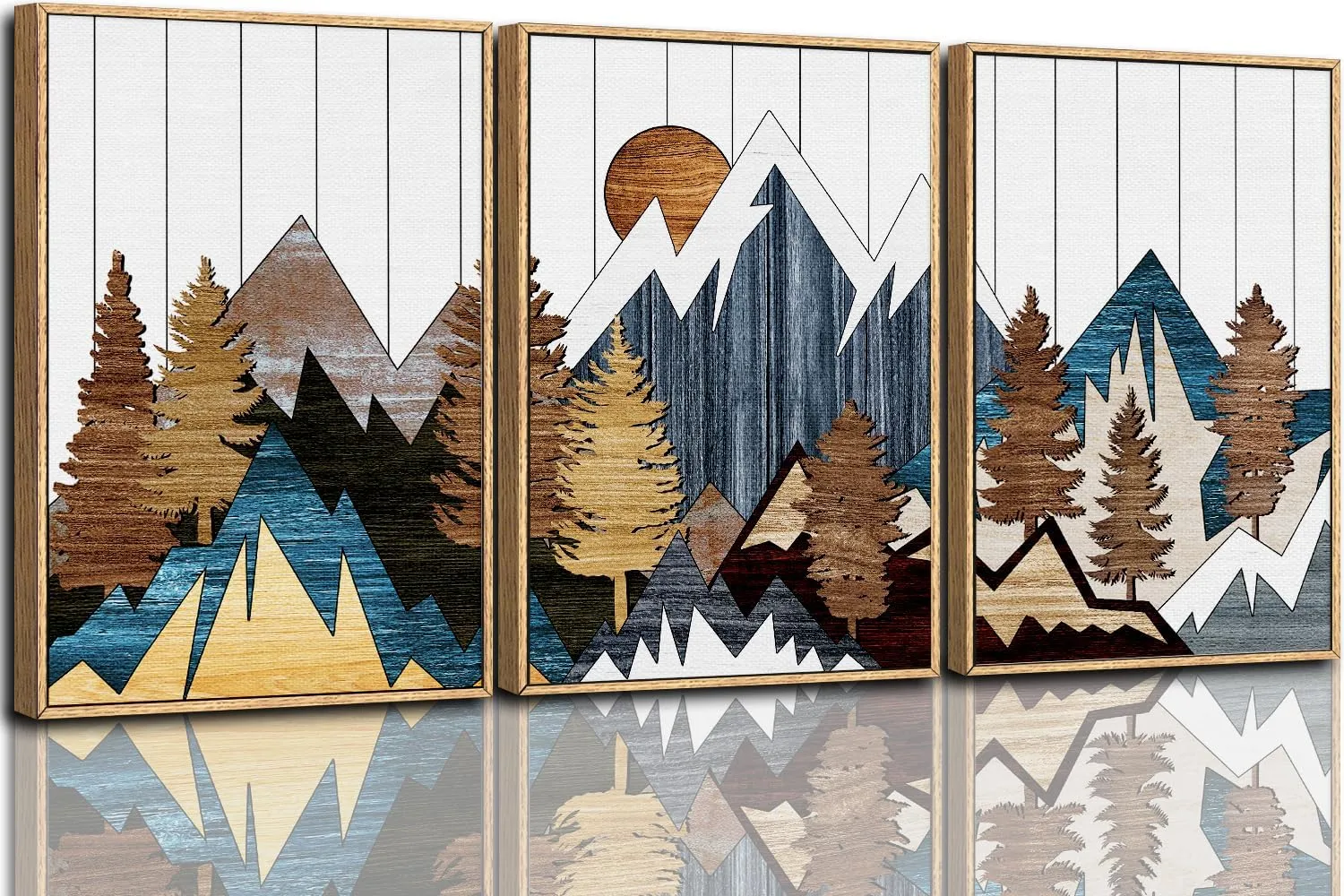 CHDITB Framed Canvas Mountain Wall Art Set, Country Woodcut Style Wall Decor, Forest Nature Wilderness Wall Painting, Modern Art Prints for Living Room, Bedroom, Farmhouse - Large Size 16"x24"x3