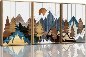 CHDITB Framed Canvas Mountain Wall Art Set, Country Woodcut Style Wall Decor, Forest Nature Wilderness Wall Painting, Modern Art Prints for Living Room, Bedroom, Farmhouse - Large Size 16"x24"x3