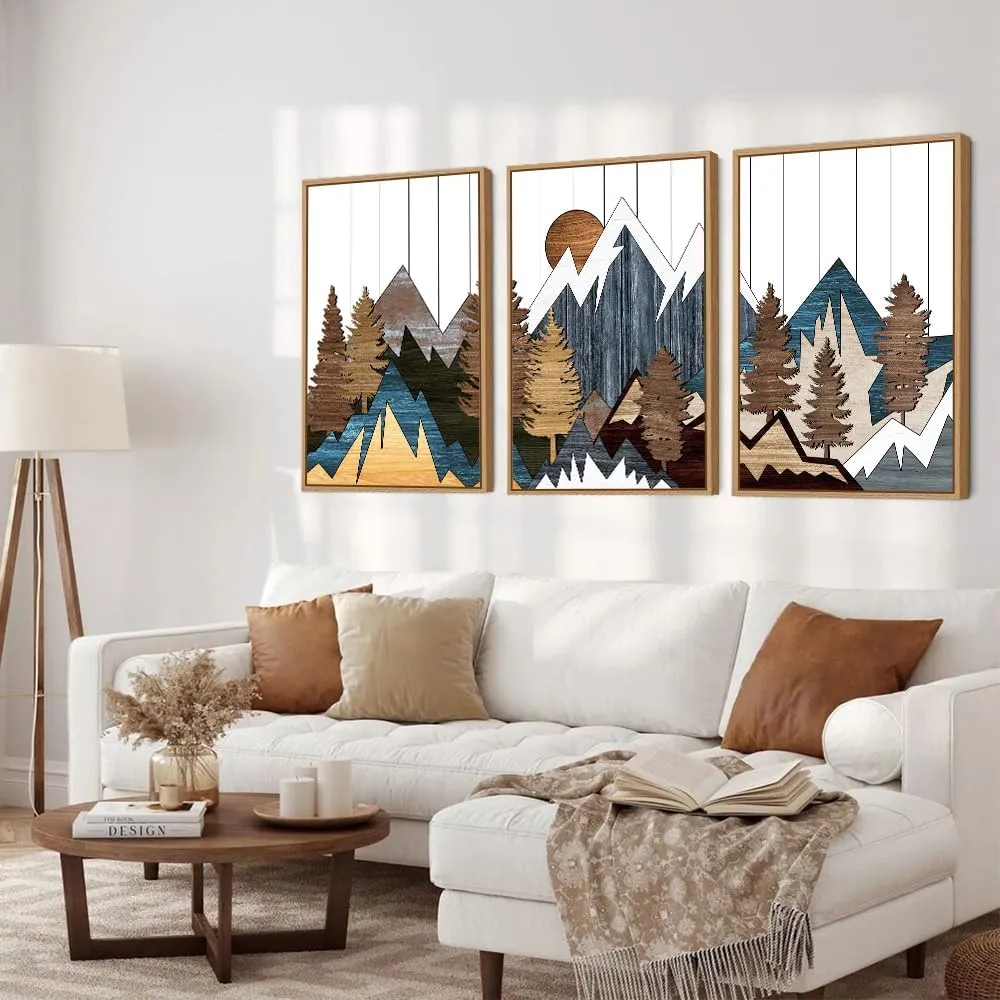 CHDITB Framed Canvas Mountain Wall Art Set, Country Woodcut Style Wall Decor, Forest Nature Wilderness Wall Painting, Modern Art Prints for Living Room, Bedroom, Farmhouse - Large Size 16"x24"x3