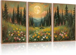CHDITB Moonlit Forest Floral Framed Canvas Wall Art Set, Nature Inspired Wall Decor, Mystical Midnight Spiritual Wall Painting, Vintage Mountain Landscape Art Prints for Living Room, Bedroom, 16"x24"