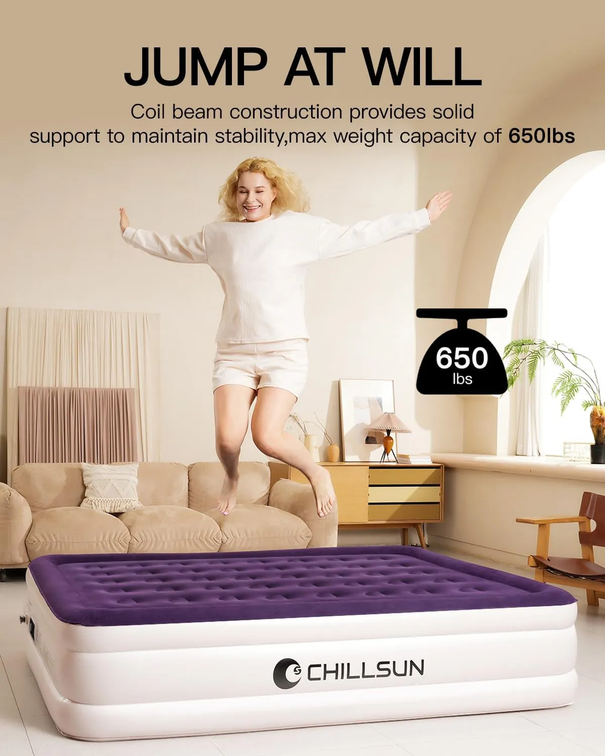 CHILLSUN Queen Air Mattress with Built in Pump, Inflatable Blow Up Mattress Luxury Double High Mattresses, 16 Inch Raised Double Airbed with Carry Bag for Camping, Guest & Home