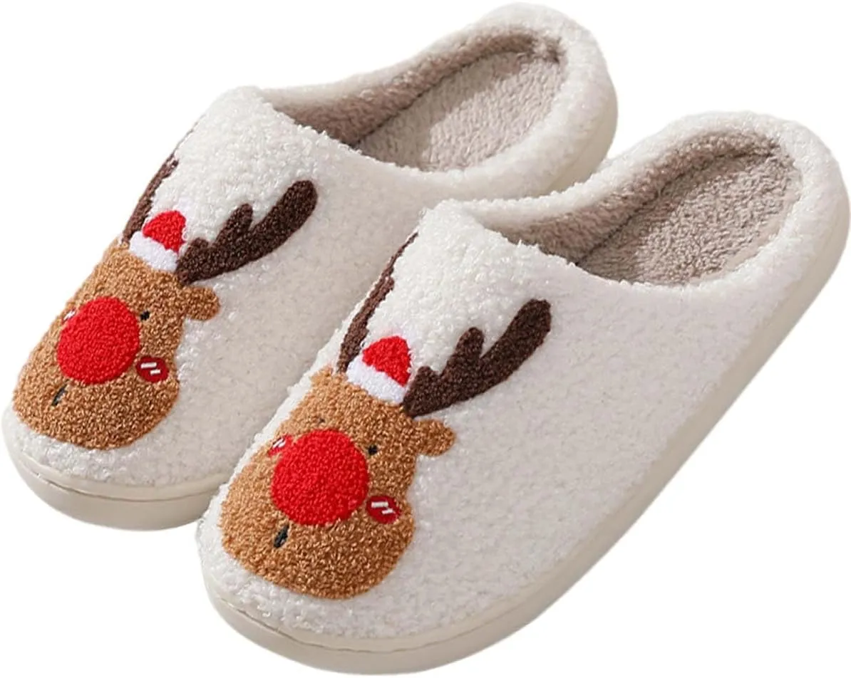 Christmas Slippers For Women Men Indoor Soft Warm Cotton Bedroom Reindeer Slippers House Memory Foam Slippers Cozy Fluffy Fall Winter Home Slippers