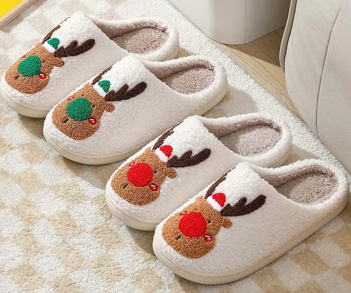 Christmas Slippers For Women Men Indoor Soft Warm Cotton Bedroom Reindeer Slippers House Memory Foam Slippers Cozy Fluffy Fall Winter Home Slippers