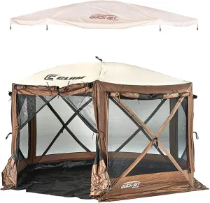 CLAM Quick-Set Pavilion 12.5 x 12.5 Ft Portable Pop-Up Outdoor Camping Screen Shelter Tent, Brown Bundled with Canopy Rain Cover Rain Fly Tarp, Tan