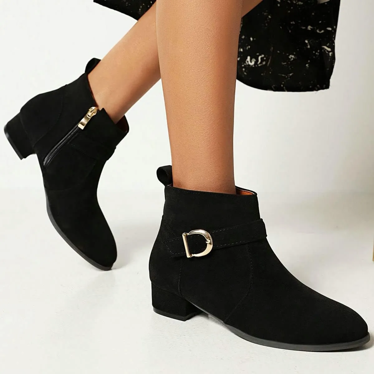 ClassicSter Womens Faux Suede Booties Round Toe Chunky Low Heel Zip Up Ankle Boots with Buckle