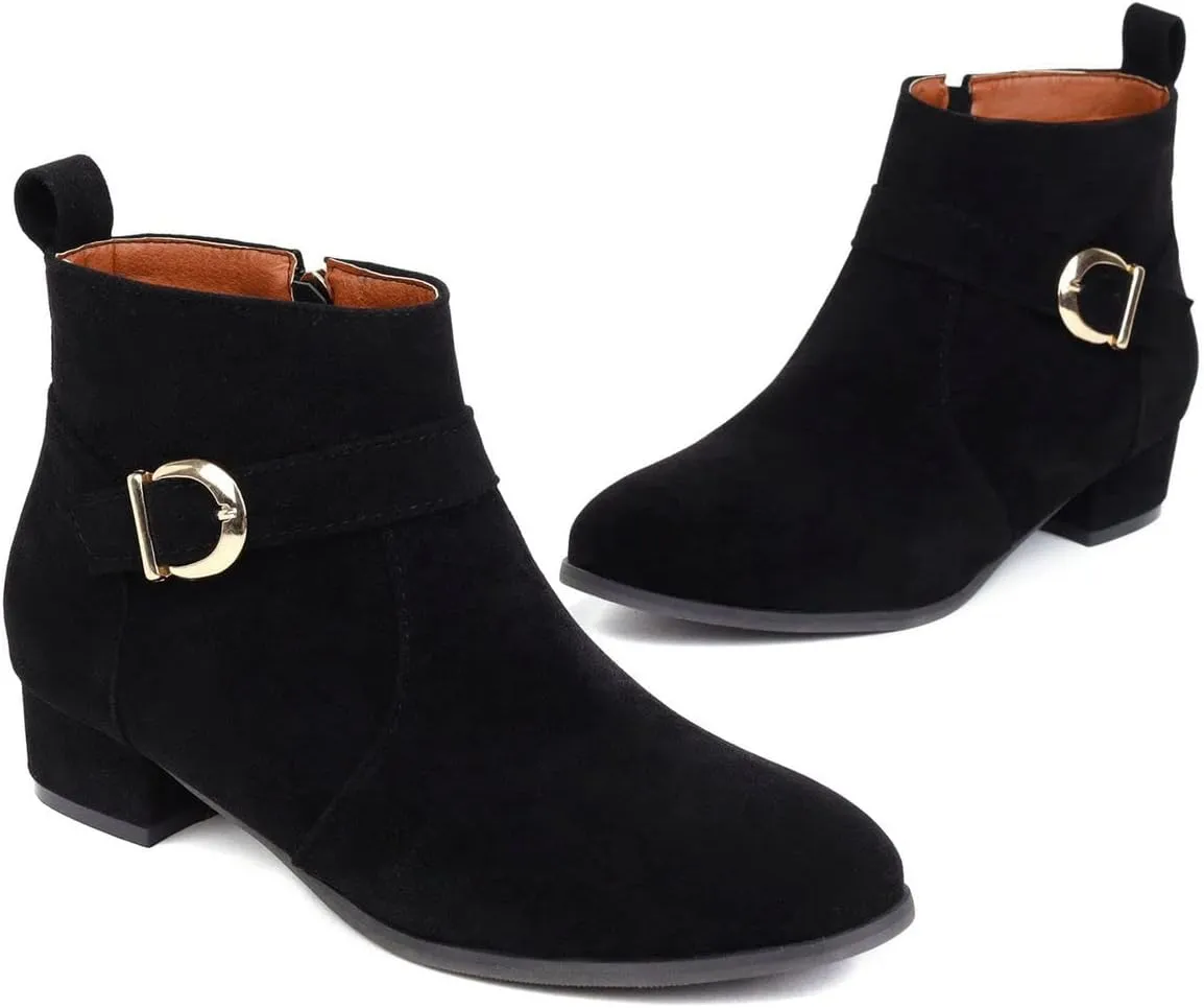 ClassicSter Womens Faux Suede Booties Round Toe Chunky Low Heel Zip Up Ankle Boots with Buckle