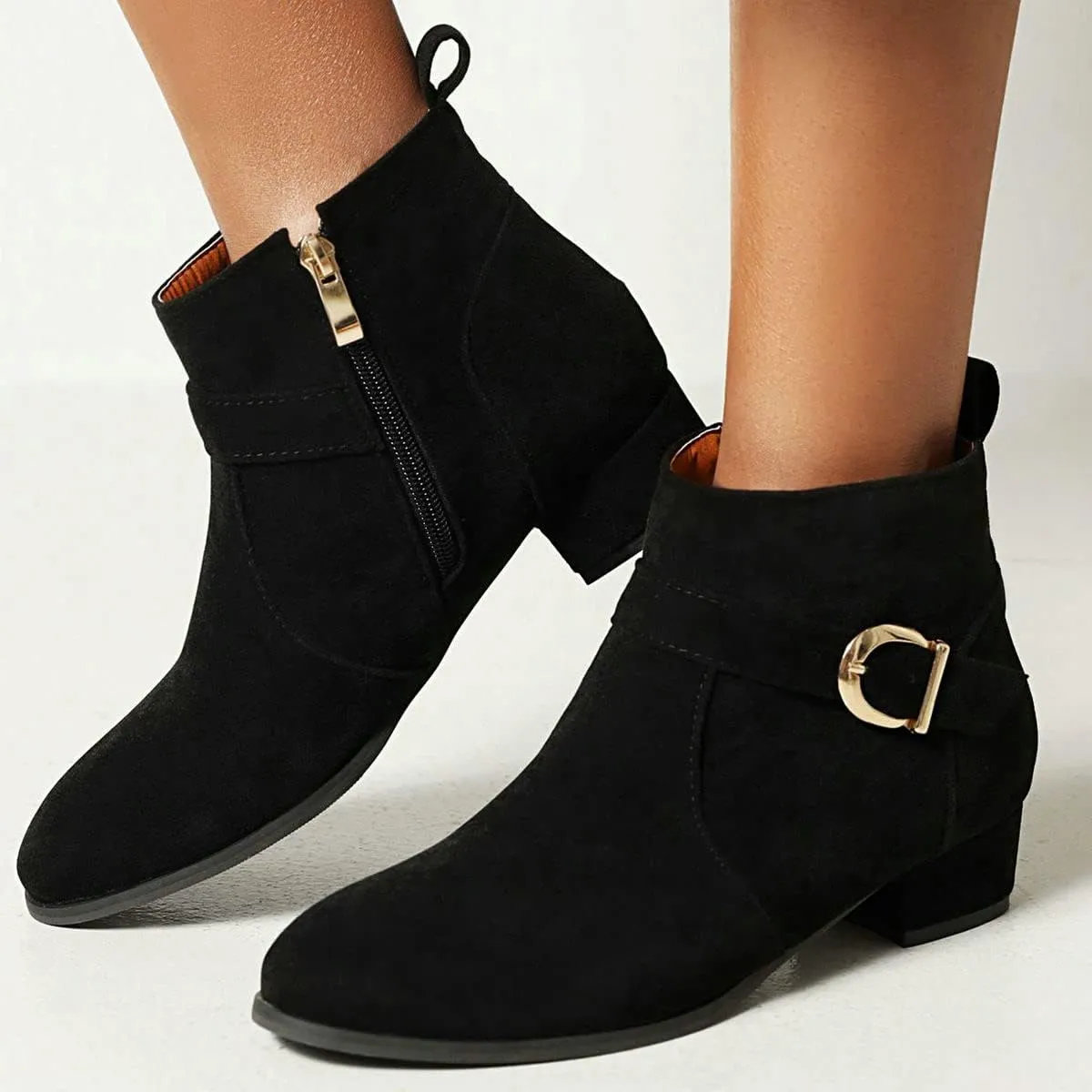 ClassicSter Womens Faux Suede Booties Round Toe Chunky Low Heel Zip Up Ankle Boots with Buckle
