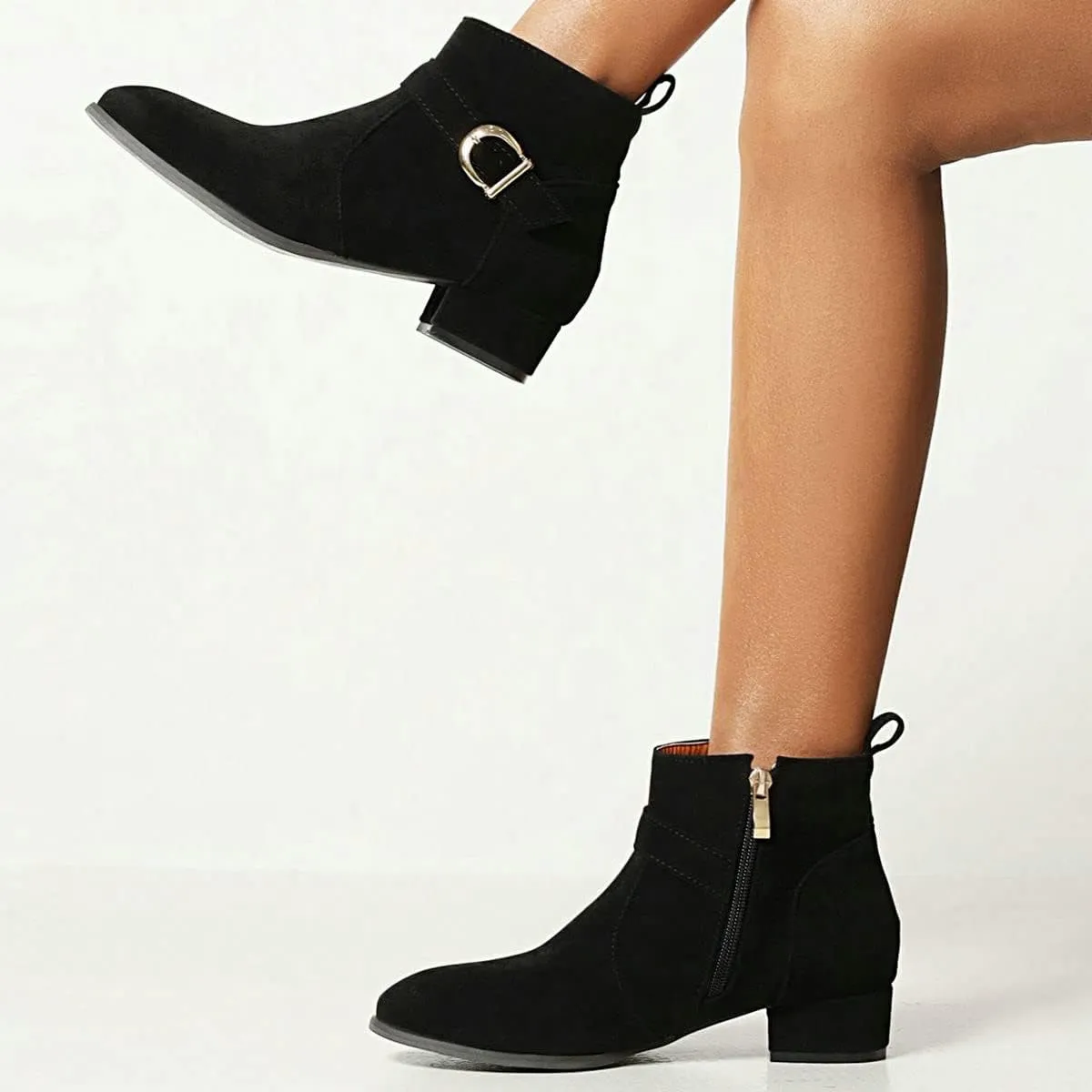 ClassicSter Womens Faux Suede Booties Round Toe Chunky Low Heel Zip Up Ankle Boots with Buckle