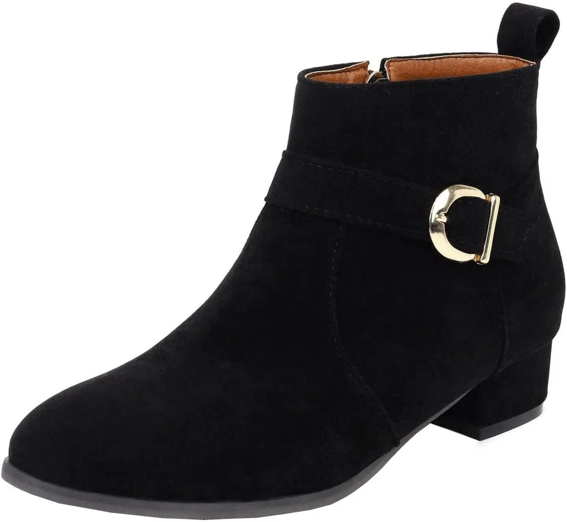 ClassicSter Womens Faux Suede Booties Round Toe Chunky Low Heel Zip Up Ankle Boots with Buckle