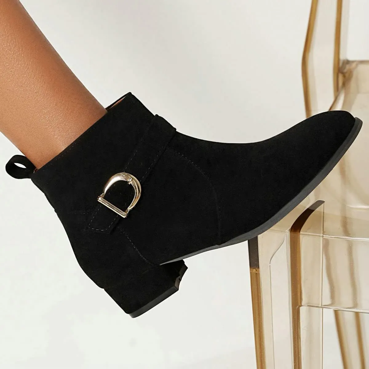 ClassicSter Womens Faux Suede Booties Round Toe Chunky Low Heel Zip Up Ankle Boots with Buckle