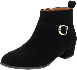 ClassicSter Womens Faux Suede Booties Round Toe Chunky Low Heel Zip Up Ankle Boots with Buckle