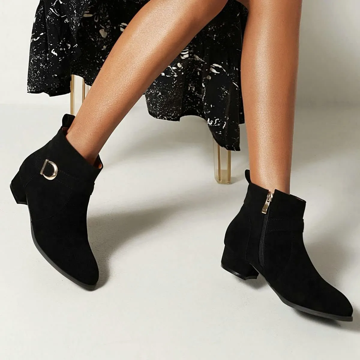 ClassicSter Womens Faux Suede Booties Round Toe Chunky Low Heel Zip Up Ankle Boots with Buckle