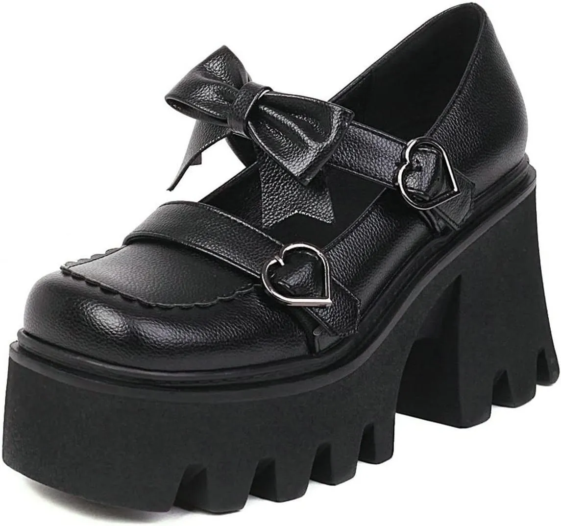 ClassicSter Womens Square Toe Platform Mary Janes Bow Heart Buckle Chunky High Heels Pumps