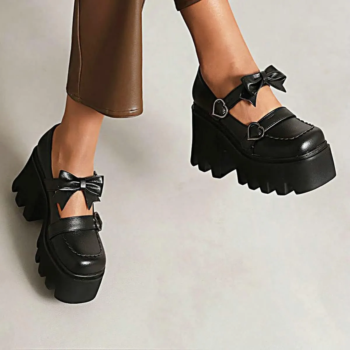 ClassicSter Womens Square Toe Platform Mary Janes Bow Heart Buckle Chunky High Heels Pumps