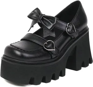 ClassicSter Womens Square Toe Platform Mary Janes Bow Heart Buckle Chunky High Heels Pumps