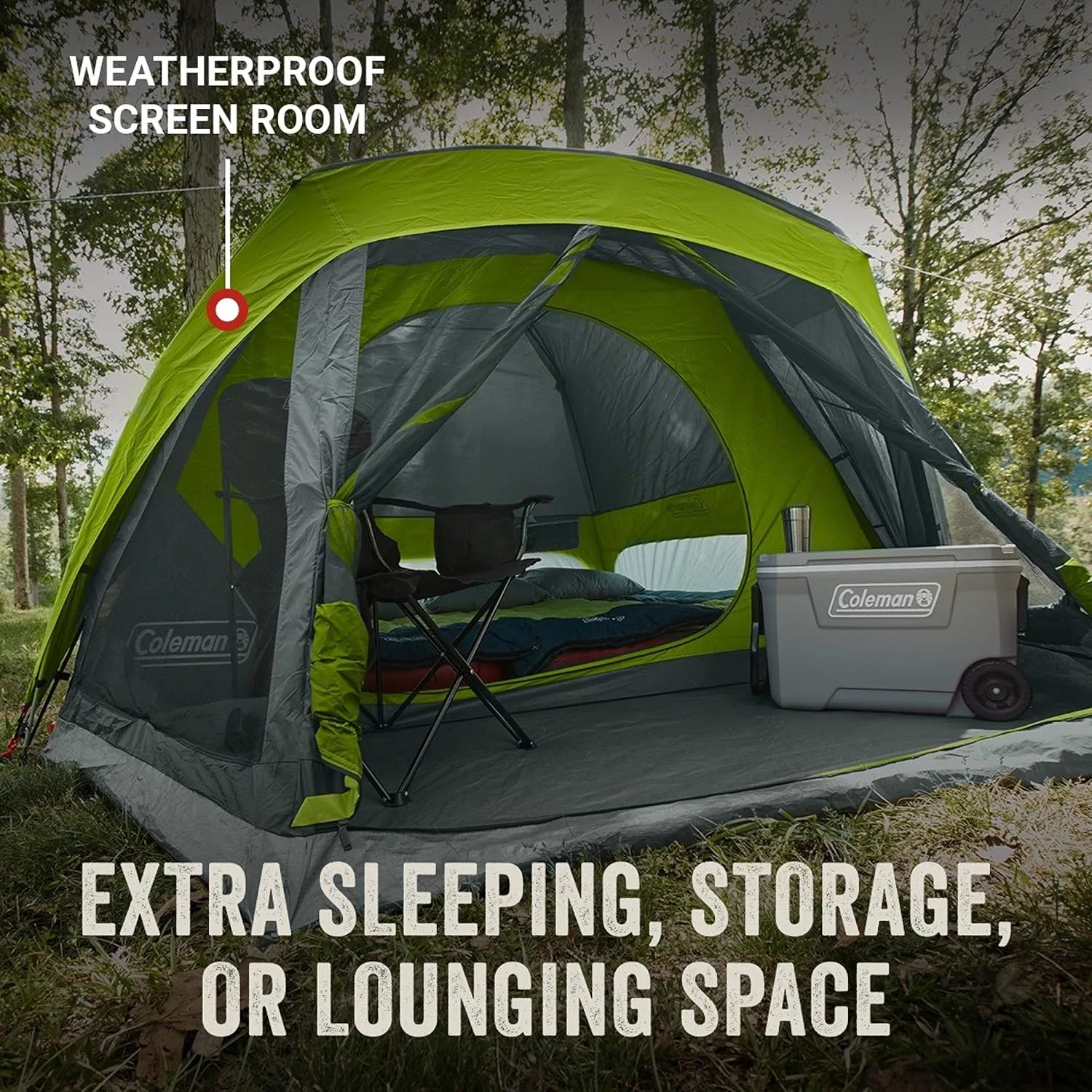 Coleman Skydome Camping Tent with Screen Room, Weatherproof 4/6/8 Person Tent with Screened-in Porch, Includes Rainfly, Carry Bag, Storage Pockets, and Sets Up in 5 Minutes