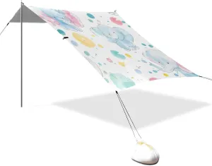 Colorful Lovely Elephant Blue Designed UPF50  Protection Stable Beach Tent Water-Resistant Portable Sun Shelter with Sandbags & Sand Shovel for Camping, Picnics, Backyard & Fishing para