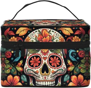 Colorful Sugar Skull Makeup Bag For Women,Waterproof Portable Travel Cosmetic Bags Large Capacity Toiletry Bag Top Handle Zipper Makeup Organizer Case