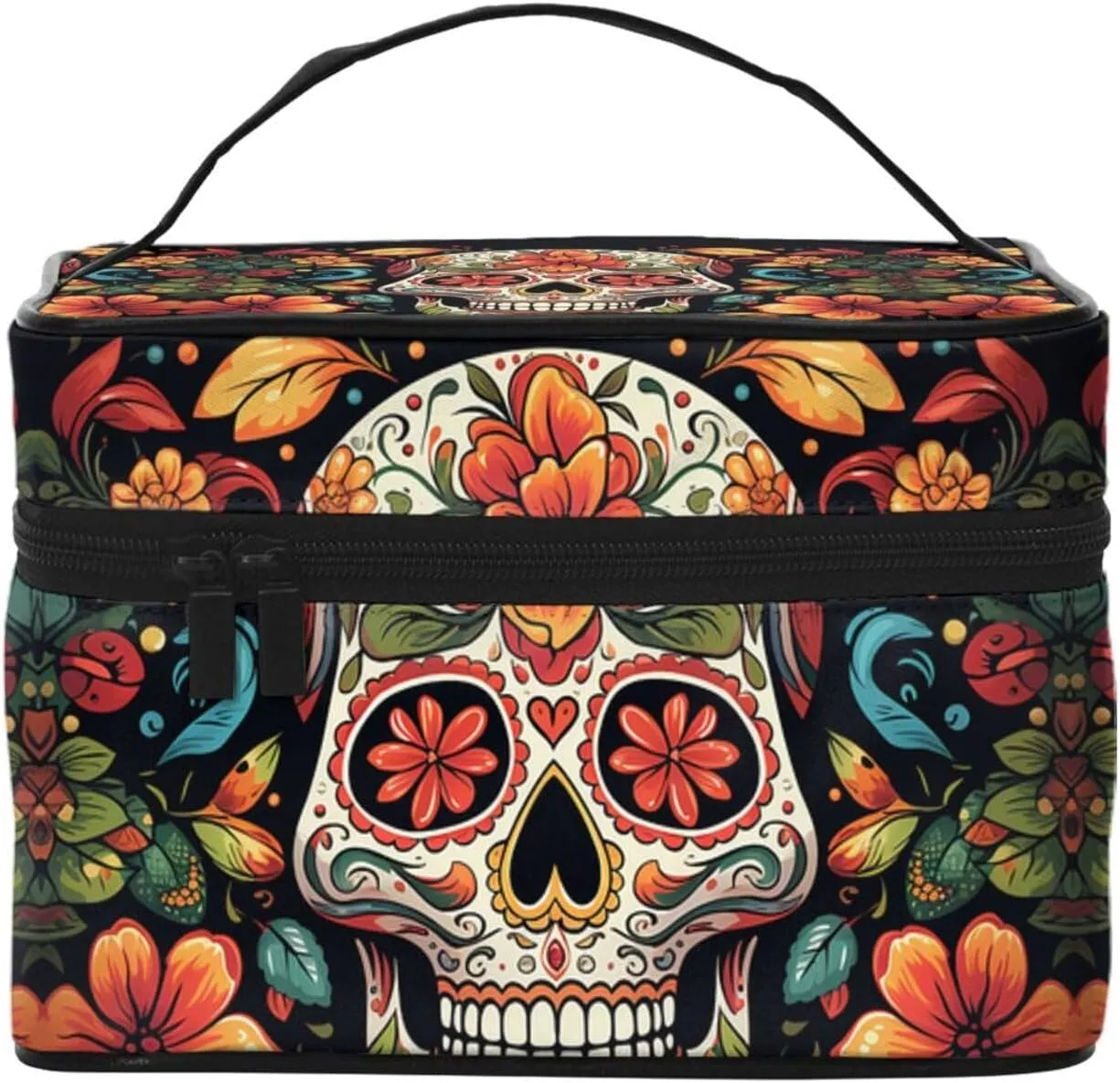 Colorful Sugar Skull Makeup Bag For Women,Waterproof Portable Travel Cosmetic Bags Large Capacity Toiletry Bag Top Handle Zipper Makeup Organizer Case